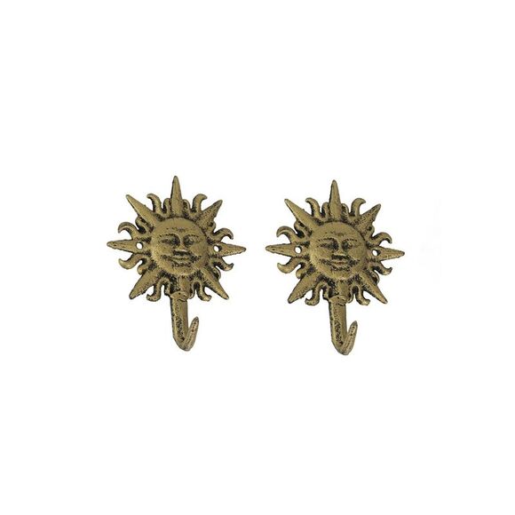 Set of Cast Iron Gold Sun Face Decorative Wall Hooks Art Decals